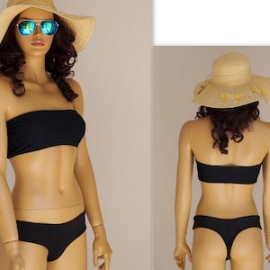Black bandeau bikini top thong bikini bottoms//Swimwear//Bathing suit//Plus size//Swimsuit