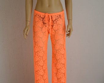 Neon orange crochet lace beach bell bottoms//Yoga pant//Festival pant//Beach lounge pants//Women leggings