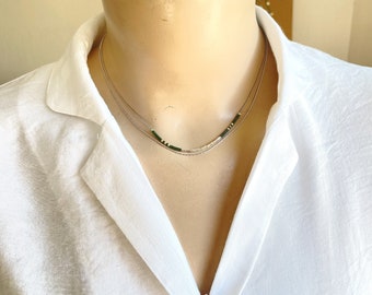 Green Silver Beaded Necklace,Tiny Miyuki Necklace,Gift Idea,Minimal Boho Necklace,Christmas Gift,Thin Necklace