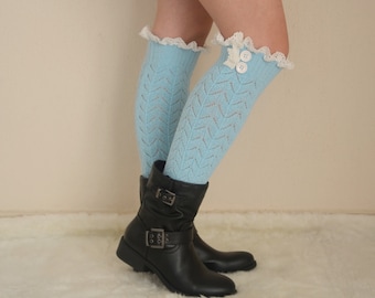 Mint Green Cozy Knit Lace Button Leg Warmers for Women-Stylish Winter Gift-Birthday Gift-Christmas Gift-Fit for 12-25" Calves