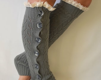 Leg warmers women/Gray knit lace slouchy button lace leg warmers/Over the knee socks/Knee high socks/Boot covers/Boot cuffs/Lace socks