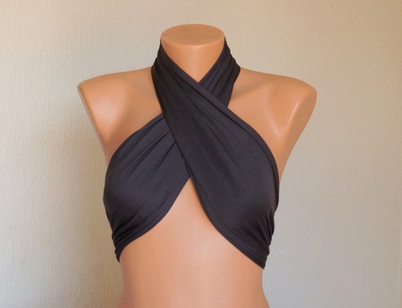 Black Multiway Halter Wrap Top // Cross Neck // Bikini Top // Crop