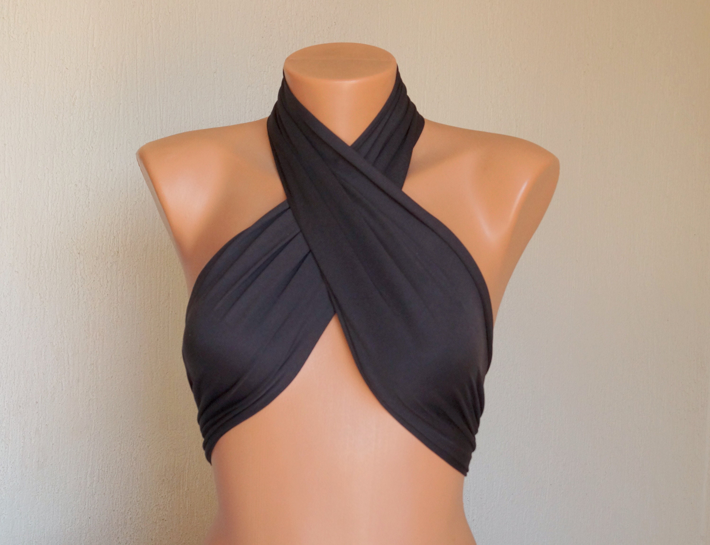 Black Multiway Halter Wrap Top // Cross Neck // Bikini Top // Crop Top  //70s Clothing //versatile Tied 