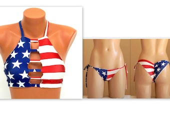 American Flag high neck halter bikini top tie side scrunch bottoms//Swimwear//Bathing suit//Swimsuit//Plus size//4th July