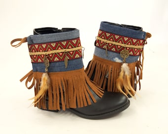 Boho boot covers/Native American denim fringe boot covers/Gypsy boot cuffs/Hippie boot cuffs/Boot socks/Ethnic boot cuffs/Boots jewelry