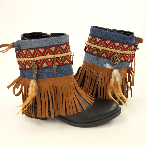 Boho boot covers/Native American denim fringe boot covers/Gypsy boot cuffs/Hippie boot cuffs/Boot socks/Ethnic boot cuffs/Boots jewelry