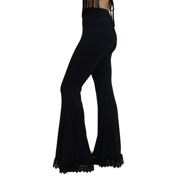 Bell bottoms women/Solid black flare pants/Hippie pants/Boho flare pants/Stretchy plus size bell bottoms/Women's leggings/Gift/Lace pants