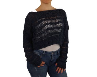 Navy blue sweater/Women's sweater/Chunky hand knit sweater/Alpaca pullover/Oversize sweater/Plus size/Loose knit sweater/Gift