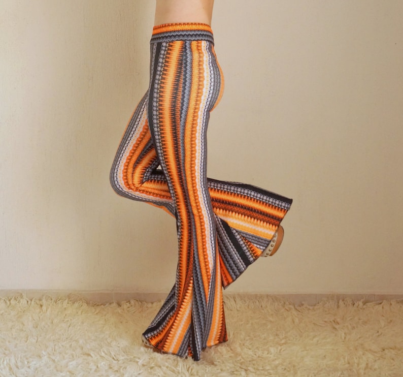 Orange boho stripe bell bottoms women,Flare,Boho,Women leggings,70's,Festival,Plus size,High waisted,Fall trend,Fall outfit,Back to school image 4