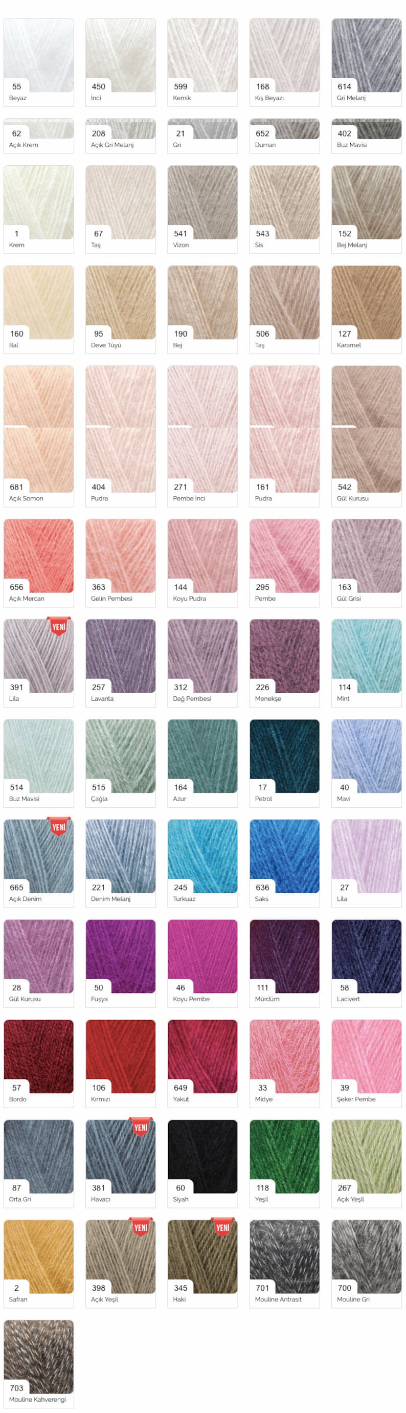 May include: A colour chart of yarn samples, with each sample labelled with a number and a colour name in Turkish. The chart is organised in rows and columns, with each row representing a different colour family. The colours range from white to black, with shades of grey, beige, pink, blue, green, and red.