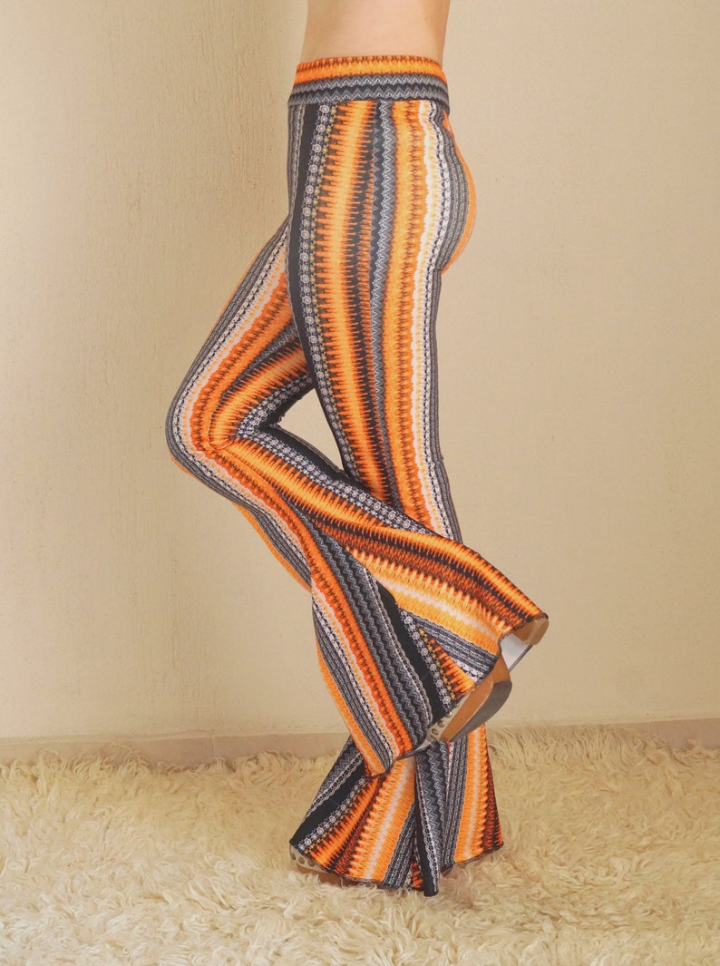 Orange boho stripe bell bottoms women,Flare,Boho,Women leggings,70's,Festival,Plus size,High waisted,Fall trend,Fall outfit,Back to school image 5