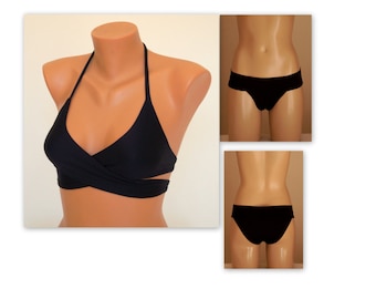 Black wrap around bikini top fully lined full coverage bottoms//Plus size//Bathing suit//Swimwear//Swimsuit