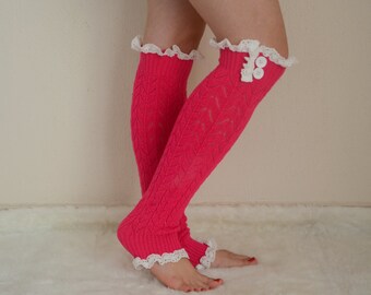 Hot Pink Cozy Extra Stretchy Knit Lace Leg Warmers for Women-Birthday gift-Back to school-Trendy Winter Wear-18-25"Calves-Holiday gift