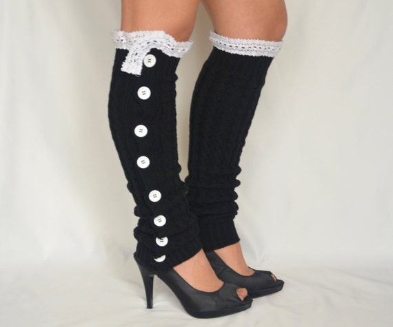 Items similar to Black slouchy button cable knit lace leg warmers-Knit ...
