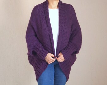 Purple mohair hand knitted cardigan women,Boho,Cozy sweater,Chunky,Plus size