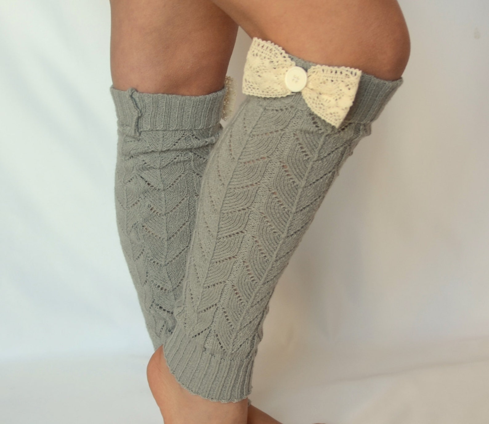 Gray leg warmers/Knit lace button & bow leg warmers/Over the Etsy