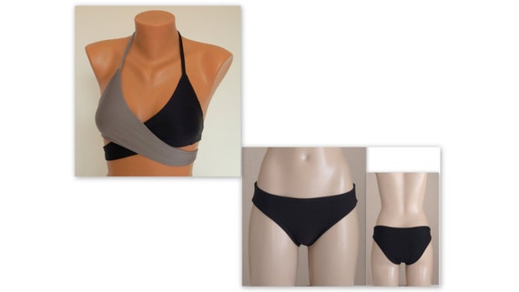Gray and Black Wrap Bikini Top Black Full Coverage Bottoms//plus Size//bathing  Suits//swimwear//swimsuits//bikini Set 