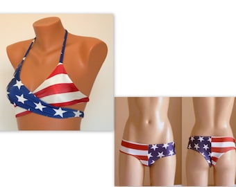 American Flag wrap bikini top cheeky boyshort//USA flag//Swimwear//Swimsuit//4th July//Bathing suits//Patriotic