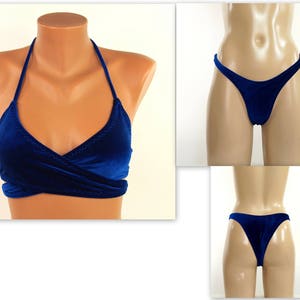 Haut de bikini croisé en velours bleu marine, bas échancrés//Maillot de bain grande taille//Maillots de bain//Maillot de bain