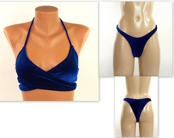 Navy blue velvet wrap around bikini top high hip bottoms//Plus size//Bathing suit//Swimwear//Swimsuit