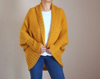 Mustard boho  hand knit cardigan women,Sweater,Chunky,Mohair,Plus size,70s clothing