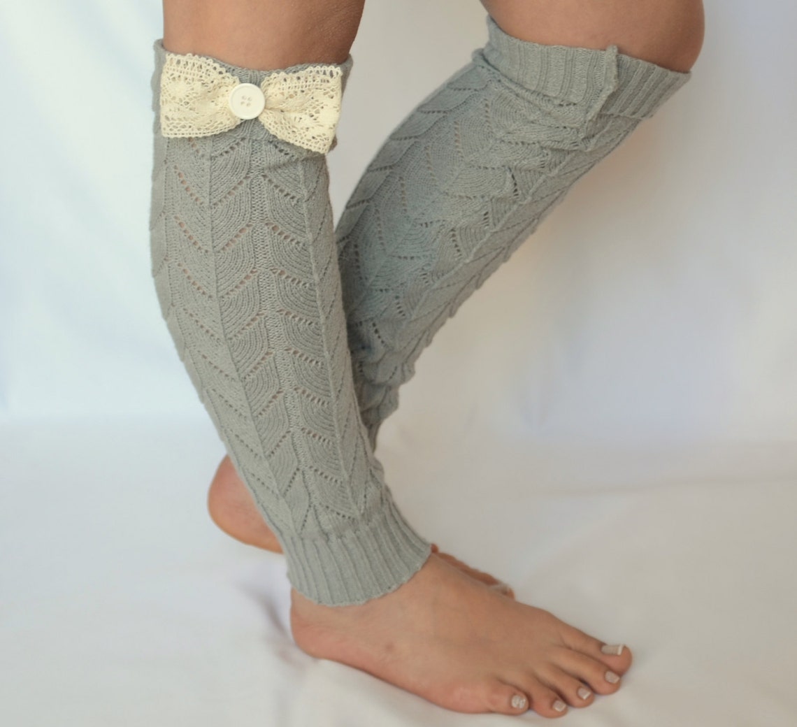 Gray leg warmers/Knit lace button & bow leg warmers/Over the Etsy