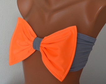 Bikini Top,Padded Bow Bandeau,Neon orange gray bikini top,Swimwear women,Plus size Clothing,Bathing suits,Swimsuit Women