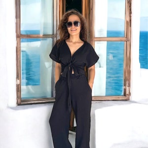 Black Boho Women Müslin Set,Müslin Wrap Top And Pant,Women Summer Cotton Set,Summer Two pieces,Double gauze set