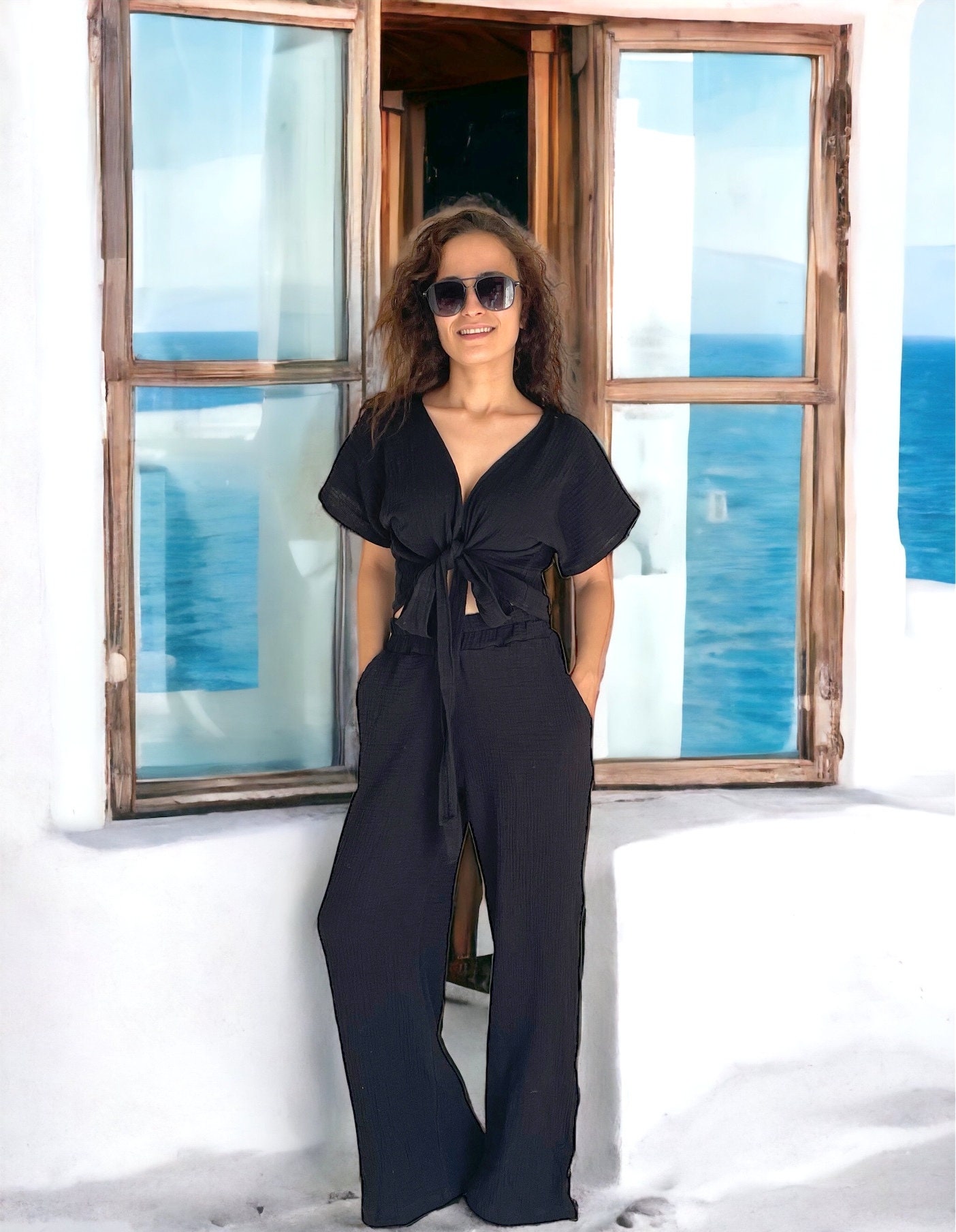 Black Boho Women Müslin Set,Müslin Wrap Top And Pant,Women Summer Cotton Set,Summer Two pieces,Double gauze set