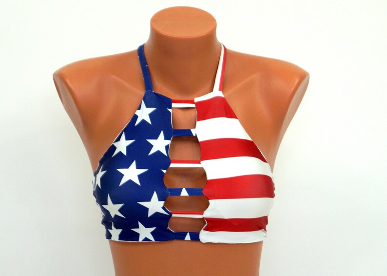 American Flag High Neck Halter Bikini Top Full Coverage Etsy