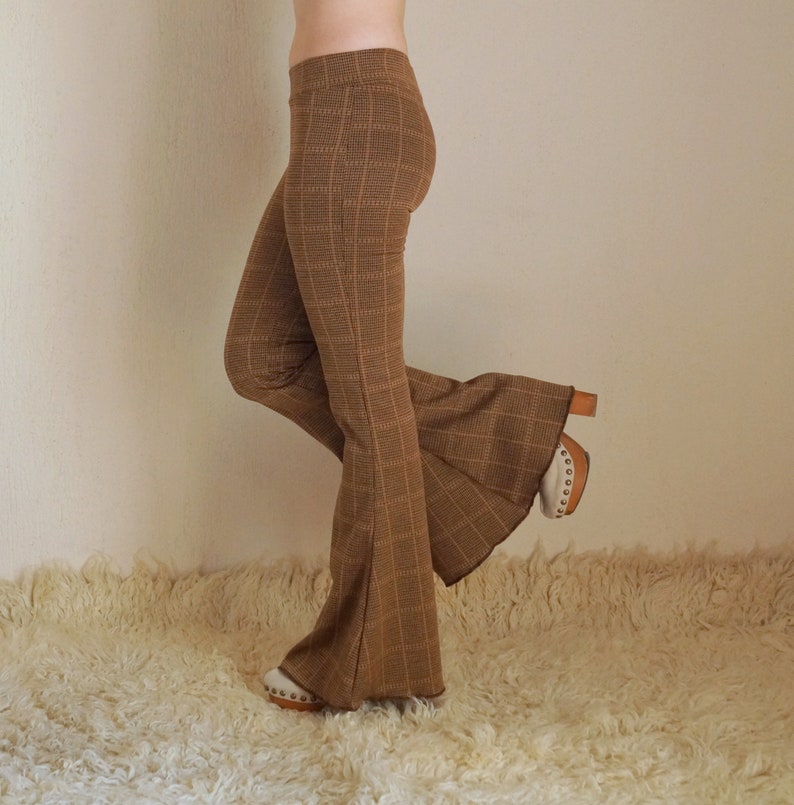 Brown plaid womens bell bottoms,Flare,Lggings,Plus size,Yoga,Boho,Retro,High waist image 4