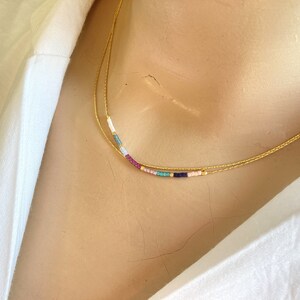 Minimalist Gold Double Necklace,Tiny Delicate Dainty Necklace,Minimal Boho Necklace,Colorful Tiny Layered Necklace,Thin Beaded Necklace image 2