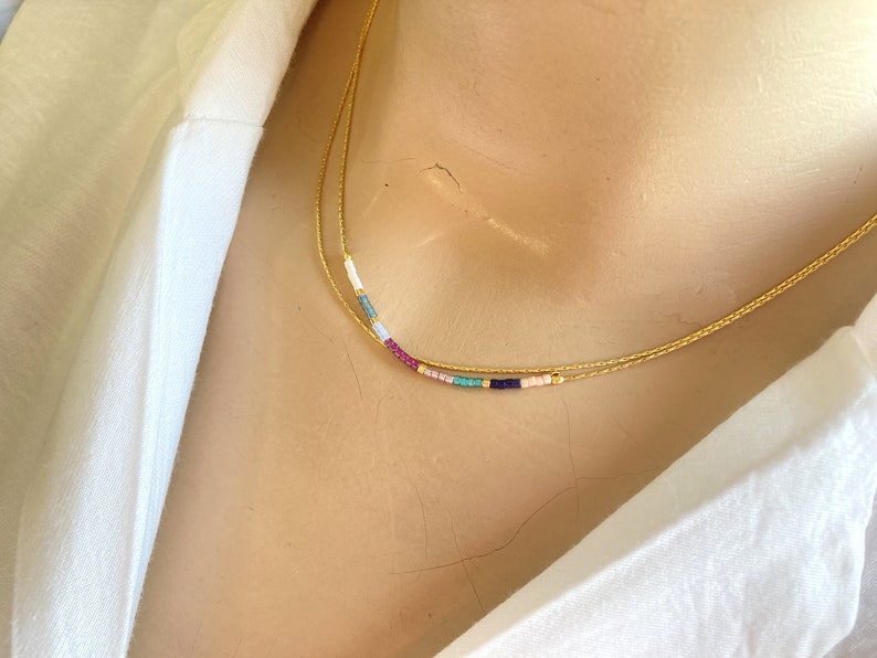 Minimalist Gold Double Necklace,Tiny Delicate Dainty Necklace,Minimal Boho Necklace,Colorful Tiny Layered Necklace,Thin Beaded Necklace image 2