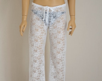 White crochet lace boho beach pant//Yoga //Festival//Beach lounge pant//Bell Bottoms//Women leggings