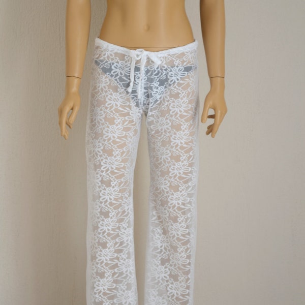 Vita virkade spetsboho strandbyxor//Yoga //Festival//Strandloungebyxor//Byxor//Damleggings