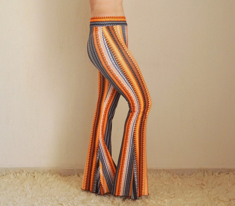 Orange boho stripe bell bottoms women,Flare,Boho,Women leggings,70's,Festival,Plus size,High waisted,Fall trend,Fall outfit,Back to school image 3