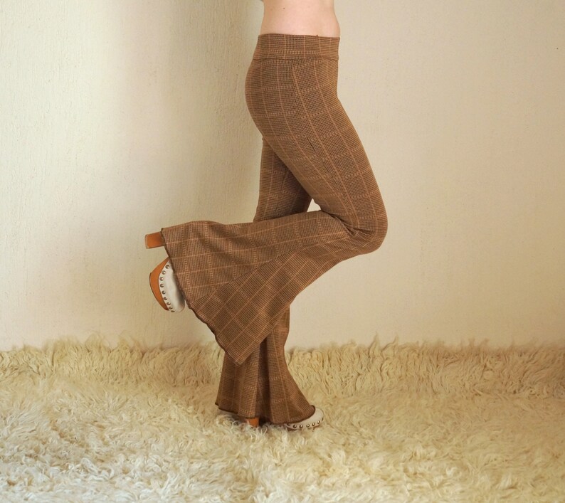 Brown plaid womens bell bottoms,Flare,Lggings,Plus size,Yoga,Boho,Retro,High waist image 1