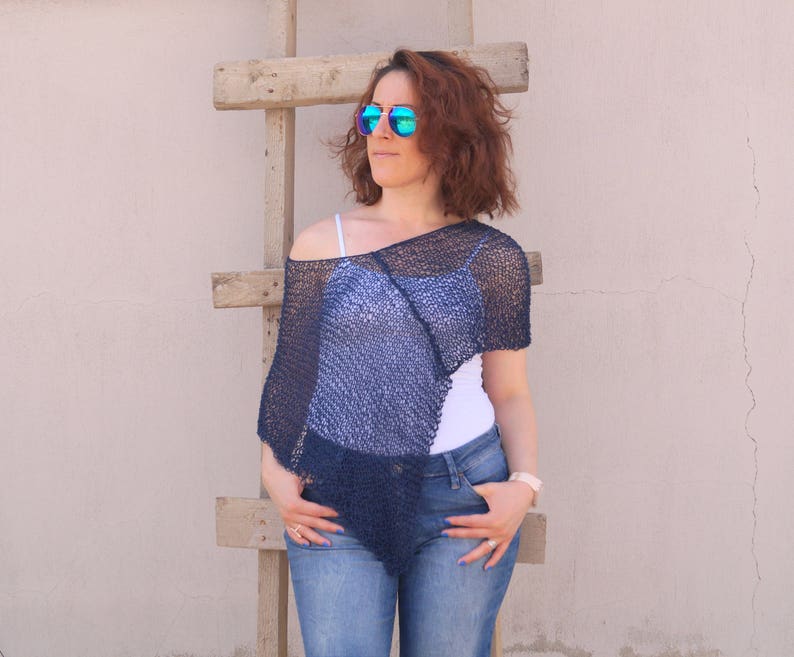 Blue poncho,Womens poncho,Hand Knit poncho,Navy blue poncho,Beach cover up,Loose Knit poncho,Birthday gift,Cotton Poncho,Summer poncho
