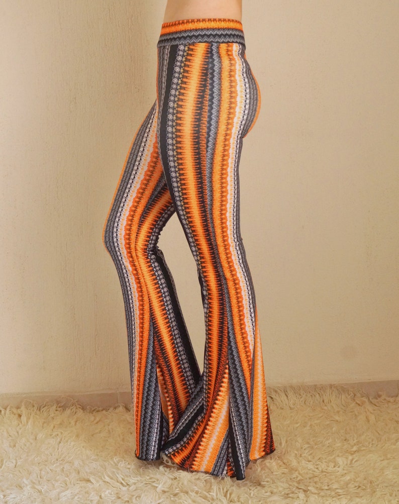 Orange boho stripe bell bottoms women,Flare,Boho,Women leggings,70's,Festival,Plus size,High waisted,Fall trend,Fall outfit,Back to school image 6