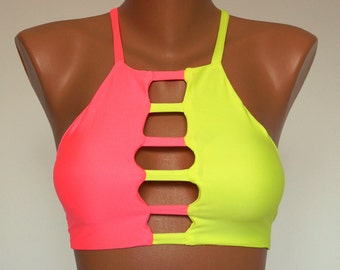 Haut de bikini, haut de bikini vert néon rose fluo, haut de bikini dos nu à col haut, maillot de bain, maillots de bain, vêtements grande taille