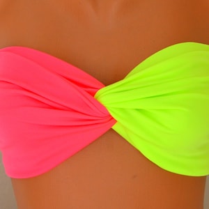 Neon pink neon green  twisted badaeu bikini top,Swimwear,Swimsuits,Bathing suits,Plus size