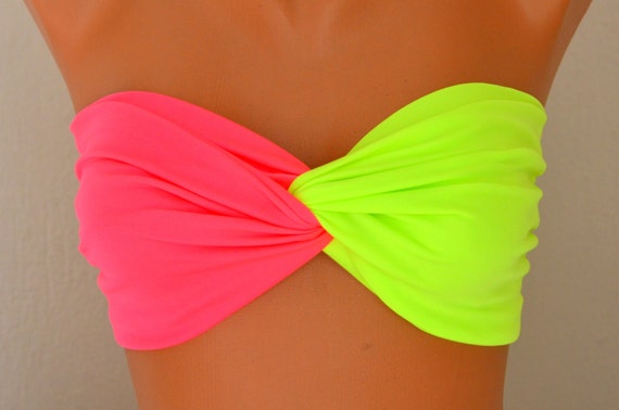 Neon Pink Neon Green Twisted Badaeu Bikini Top,swimwear,swimsuits