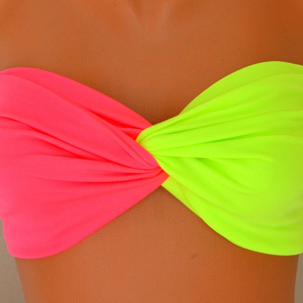 Neon pink neon green  twisted badaeu bikini top,Swimwear,Swimsuits,Bathing suits,Plus size