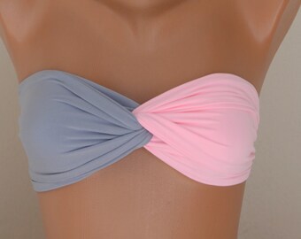 Gray and pale pink padded twisted bandeau bikini top,Bathing suits,Swimwear,Swimsuits,Plus size,Sexy