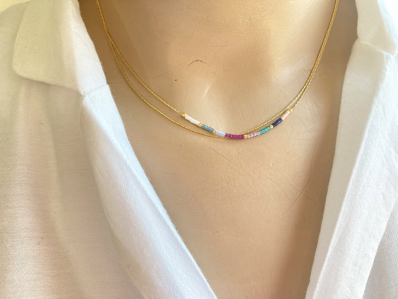 Minimalist Gold Double Necklace,Tiny Delicate Dainty Necklace,Minimal Boho Necklace,Colorful Tiny Layered Necklace,Thin Beaded Necklace image 1