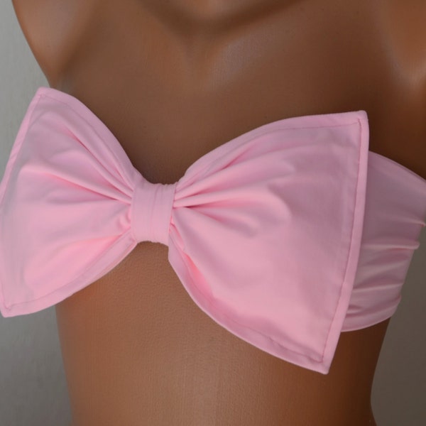 Pale pink bow bandeau bikini top,Swimwear,Swimsuits,Plus size clothing,Padded bra,Bathing Suits