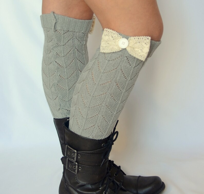Gray leg warmers/Knit lace button & bow leg warmers/Over the Etsy