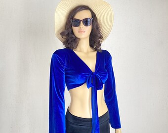 Royal Blue Velvet festival top,70s party costume,Wrap top,Tie Bell Sleeves Top,Velvet Festival Wear,Plus size clothing women