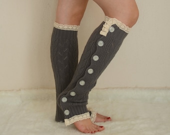 Calentadores de piernas para mujer, calentadores de piernas grises, calentadores de piernas con botón Slouchy, calentadores de piernas de encaje de punto, calcetines de botas, puños de botas, tallas plus, regalo de Navidad