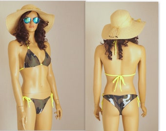 Camo neon green triangle bikini tie side bottoms ll Bikini set ll Swimwear ll Swimsuits ll Plus size ll Bathing suits